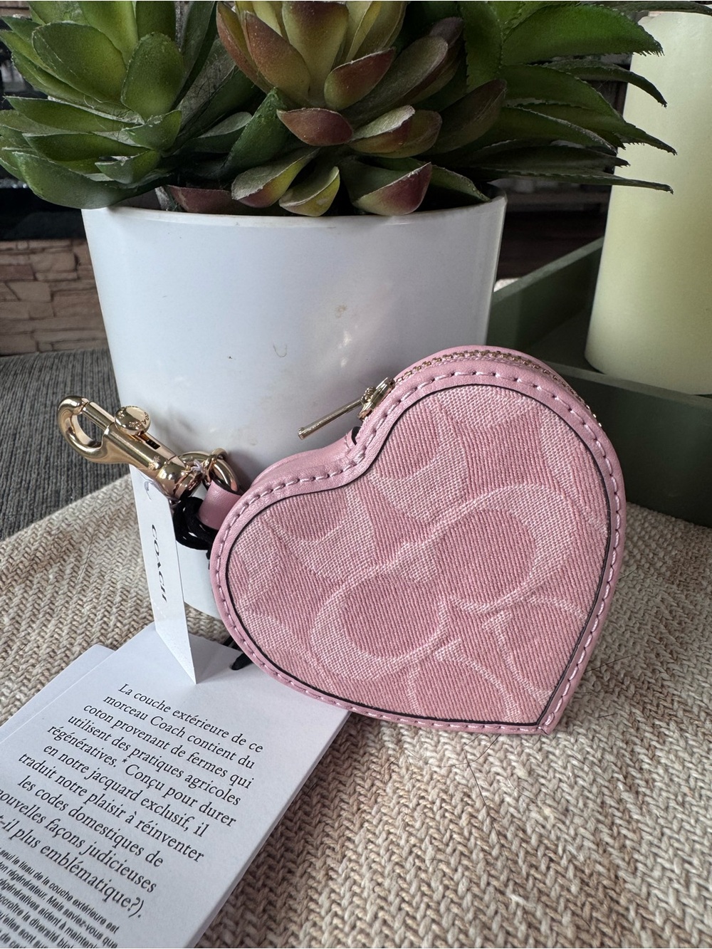NEW Coach Pink Signature Heart Coin Pouch Keychain/Purse Charm /Signature Denim
